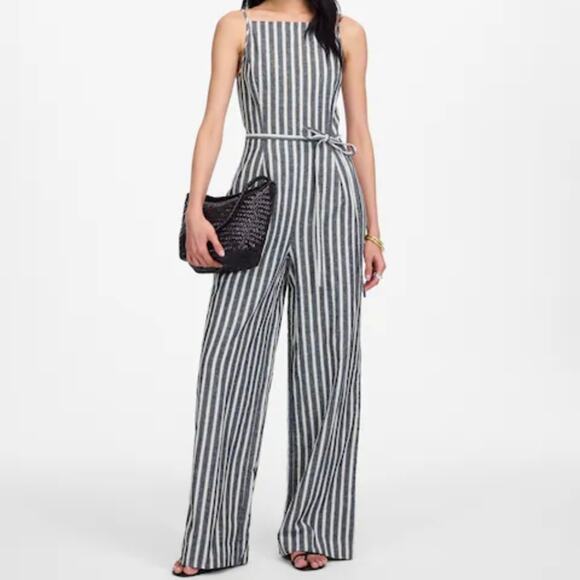 NEW Madewell Pleated Wide Leg Jumpsuit Pinstripe Navy White Stripes - Picture 1 of 13